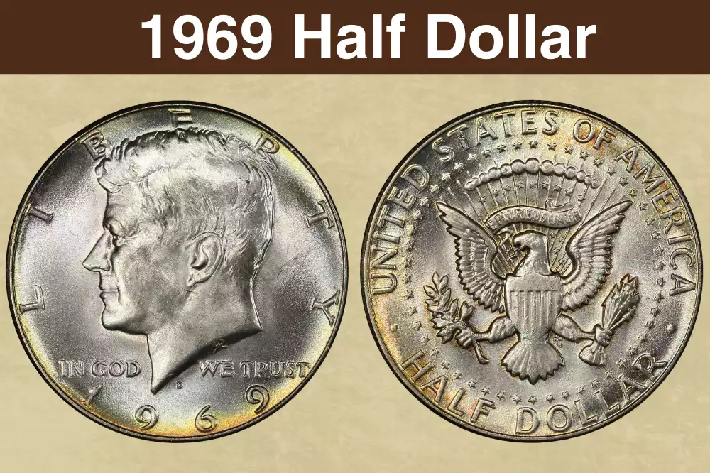 1969-D Kennedy half dollar obverse and reverse showing Kennedy portrait and eagle design