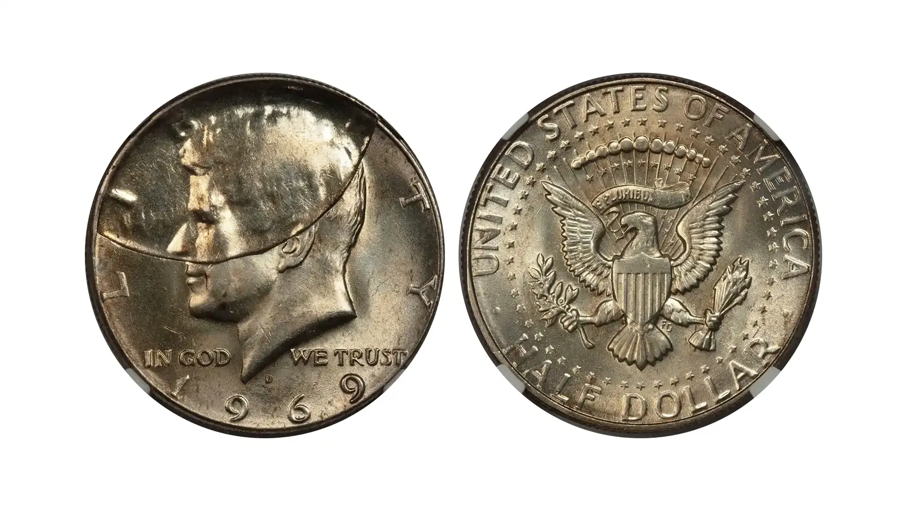 Side-by-side comparison of common circulated 1969 half dollar versus rare MS67 gem example with rainbow toning