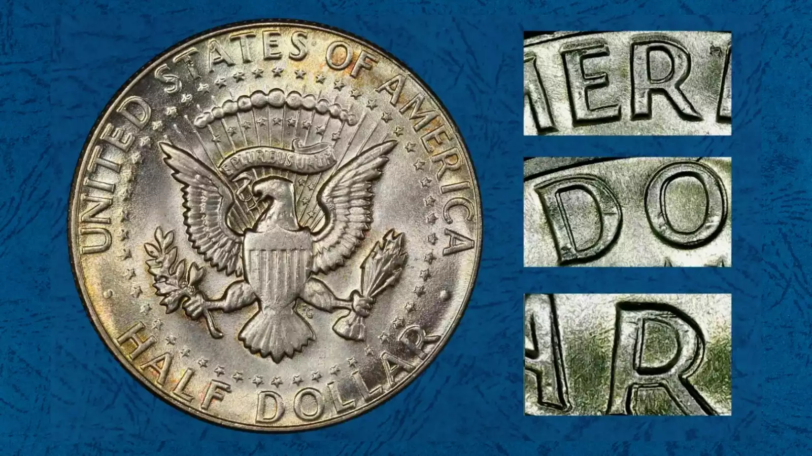 1969-D Kennedy half dollar double strike error showing two overlapping Kennedy portrait impressions