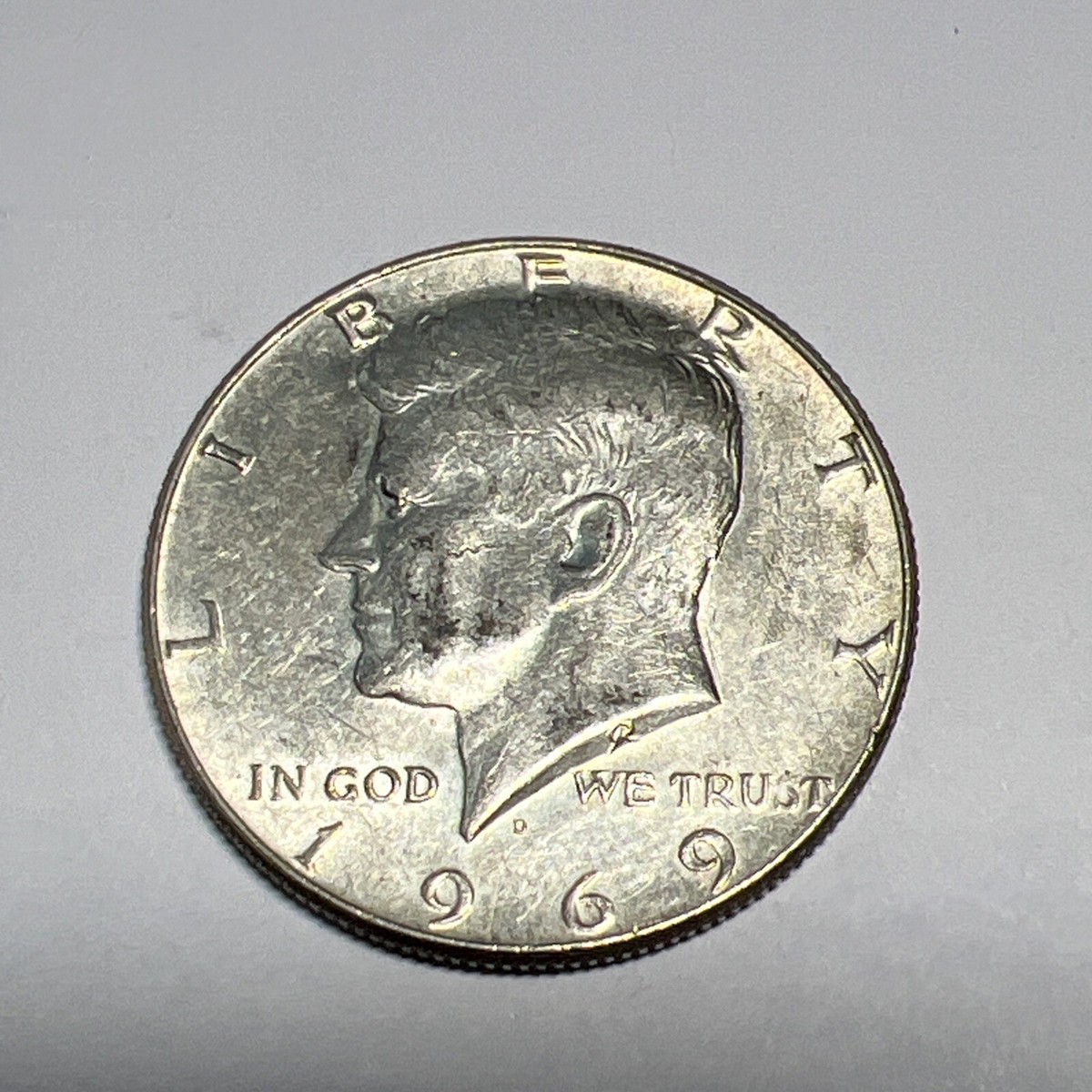 1969-D Kennedy half dollar DDO-001 doubled die obverse showing doubling on LIBERTY and IN GOD WE TRUST