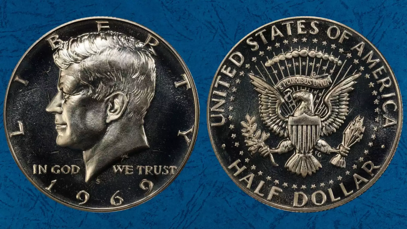 1969-S proof Kennedy half dollar with Deep Cameo DCAM designation showing frosted portrait against mirror fields