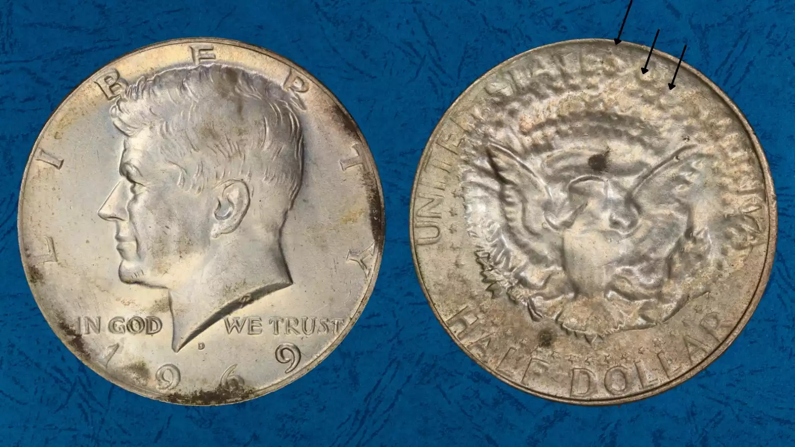 1969-D Kennedy half dollar off-center strike error showing design shifted with blank planchet crescent visible