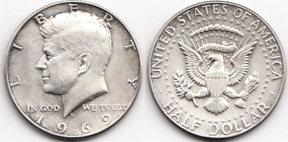 Historical Denver Mint facility photograph or group of 1969-D Kennedy half dollars showing various grades